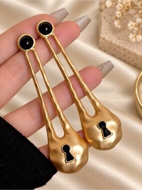 Gold Keyhole Drop Earrings with Black Accents